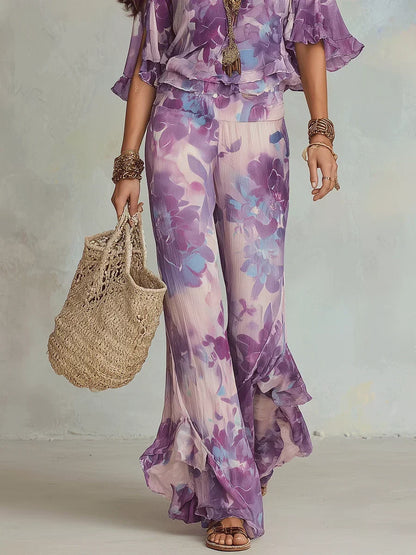 Ensemble Deux Pièces Femme Coton Épaules Dénudées Pantalon Évasé