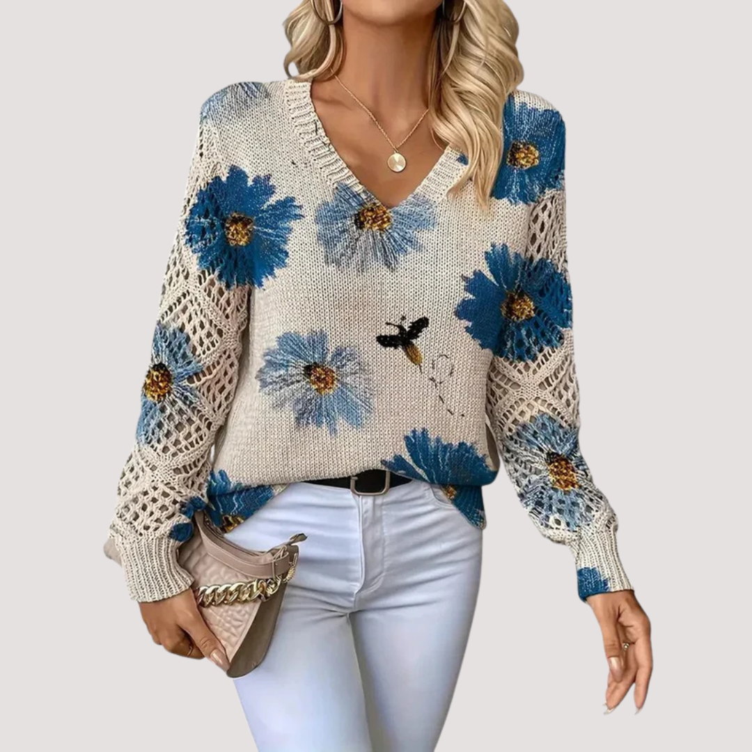 Pull Femme Col Rond Léger avec Imprimé Fleuri - PanierRoyale