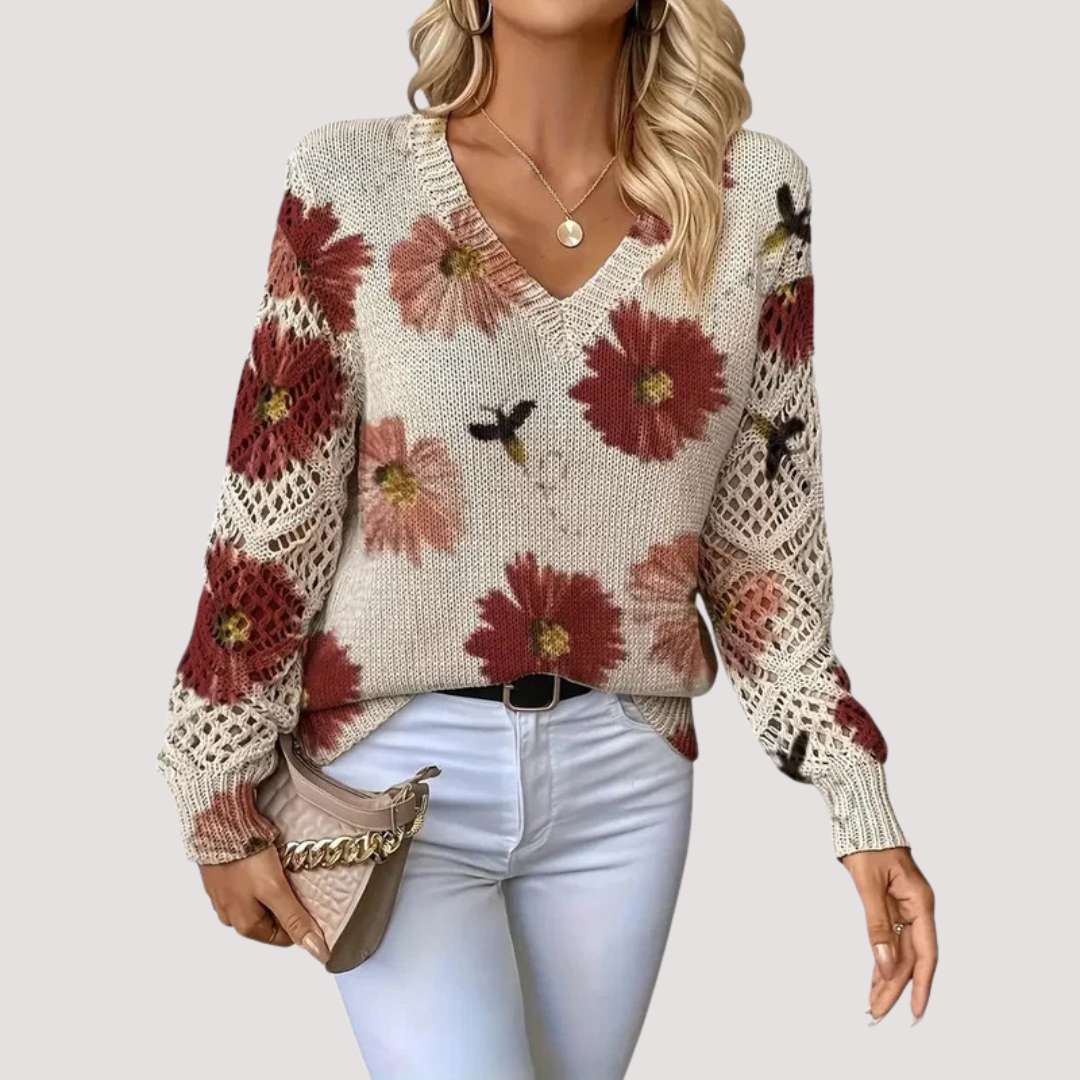 Pull Femme Col Rond Léger avec Imprimé Fleuri
