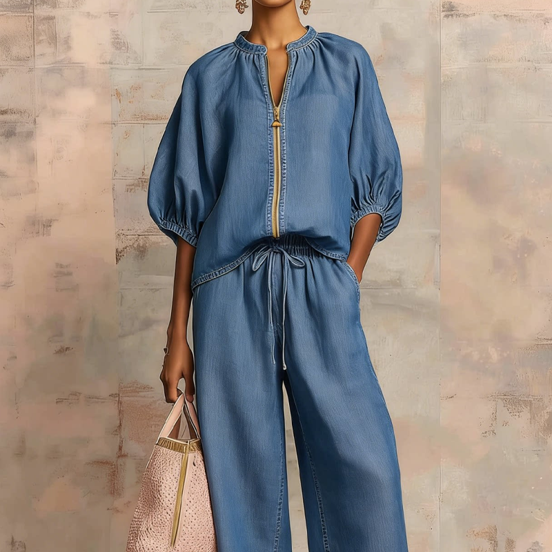 Ensemble Femme Blouse Zip Fluide et Pantalon Large Confortable