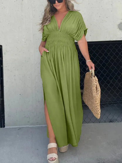 Robe Longue Femme Élégante en Soie Legère Col en V