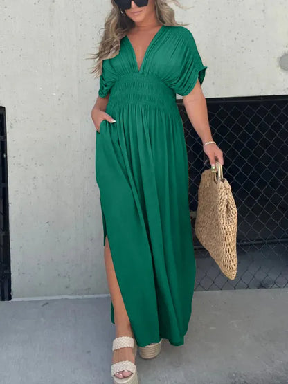 Robe Longue Femme Élégante en Soie Legère Col en V