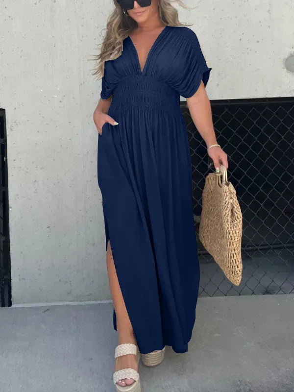 Robe Longue Femme Élégante en Soie Legère Col en V