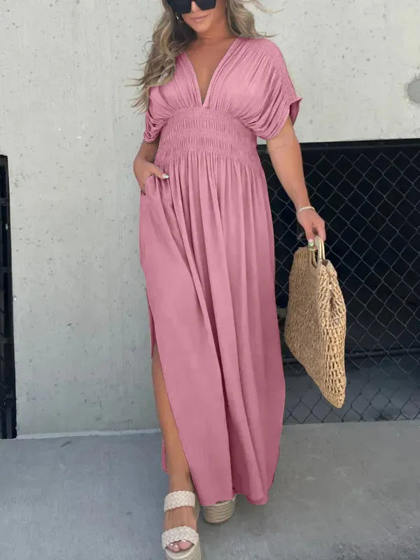 Robe Longue Femme Élégante en Soie Legère Col en V