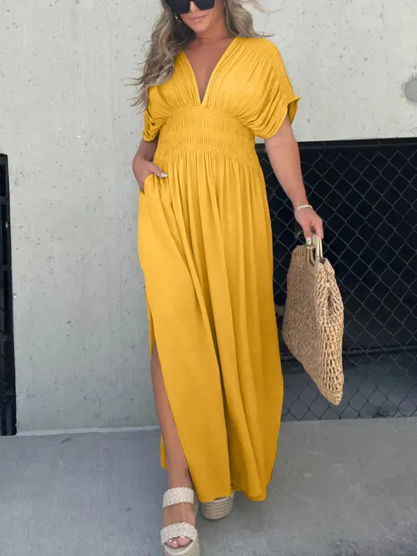 Robe Longue Femme Élégante en Soie Legère Col en V