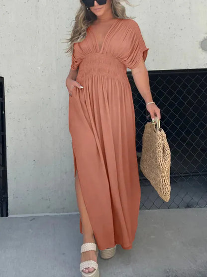 Robe Longue Femme Élégante en Soie Legère Col en V