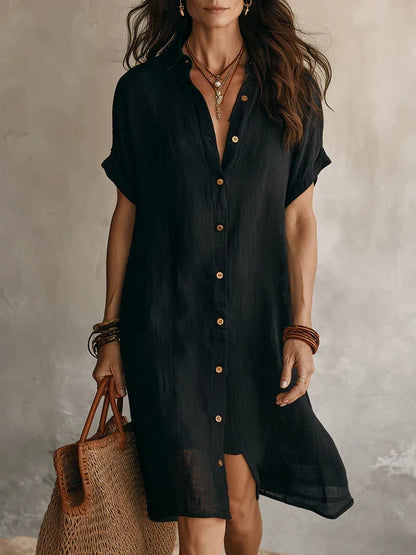 Robe Chemise Femme Lin Coton Boutonnée Coupe Midi