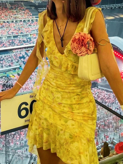 Robe Courte Fleurs avec Volants Féminins