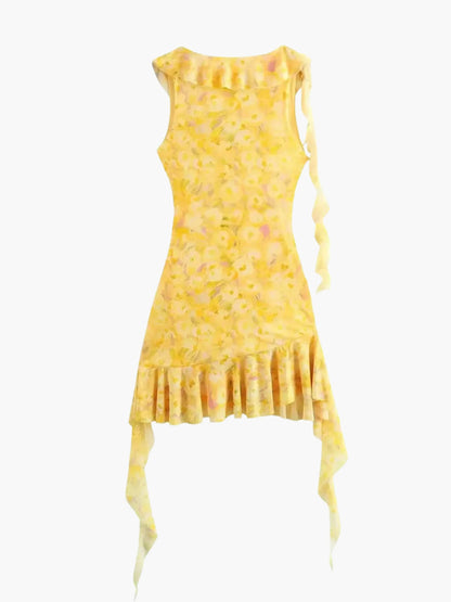 Robe Courte Fleurs avec Volants Féminins