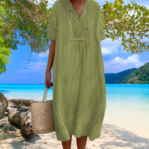 Robe Femme Lin Coton Confortable Taille Midi