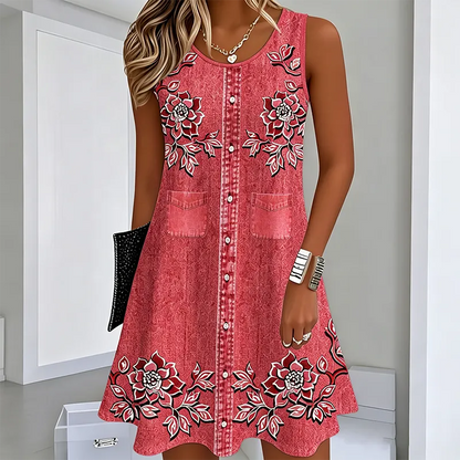 Robe Femme Sans Manches Boutons Devant Coupe Droite