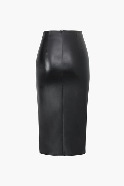 Jupe en Cuir Synthétique Asymétrique Mi-Longue