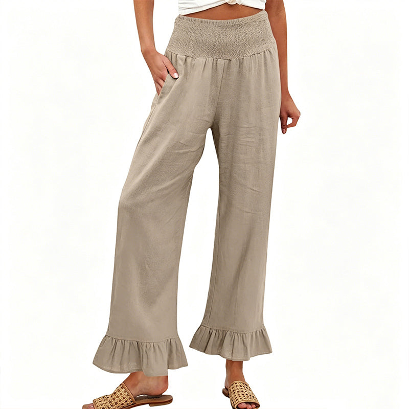 Pantalon Large Femme Coton Lin Taille Smock Volants Bas Boho - PanierRoyale