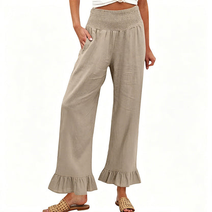 Pantalon Large Femme Coton Lin Taille Smock Volants Bas Boho - PanierRoyale