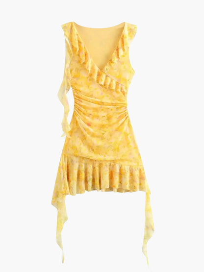 Robe Courte Fleurs avec Volants Féminins