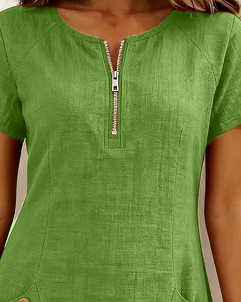 Robe Courte Femme Poches Col Zippé Moderne