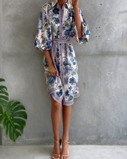 Robe Femme Imprimé Floral Manches Lanternes Boutons