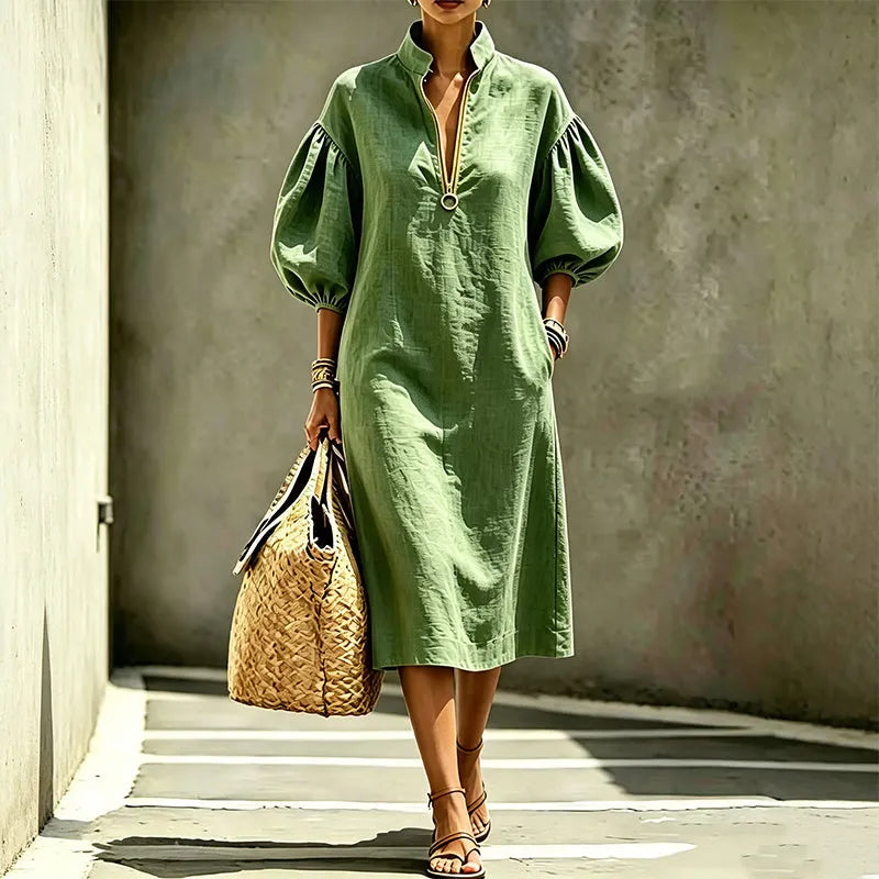 Robe Femme Fluide Manches Bouffantes Col Zippé