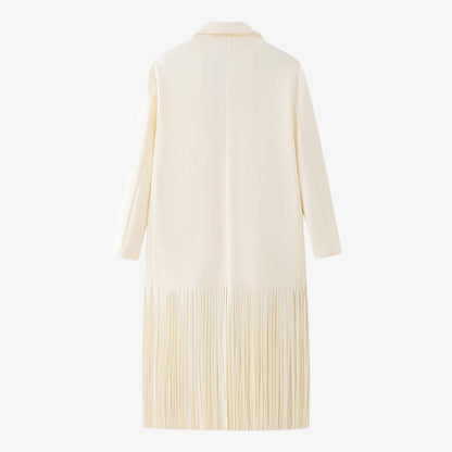 Manteau Élégant Blanc Crème avec Franges Raffinées
