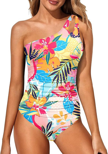Maillot de bain Femme Une épaule Imprimé Tropical Coupe Ajustée