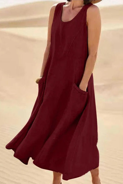 Robe Élégante Courte sans Manches avec Poches et Décolleté