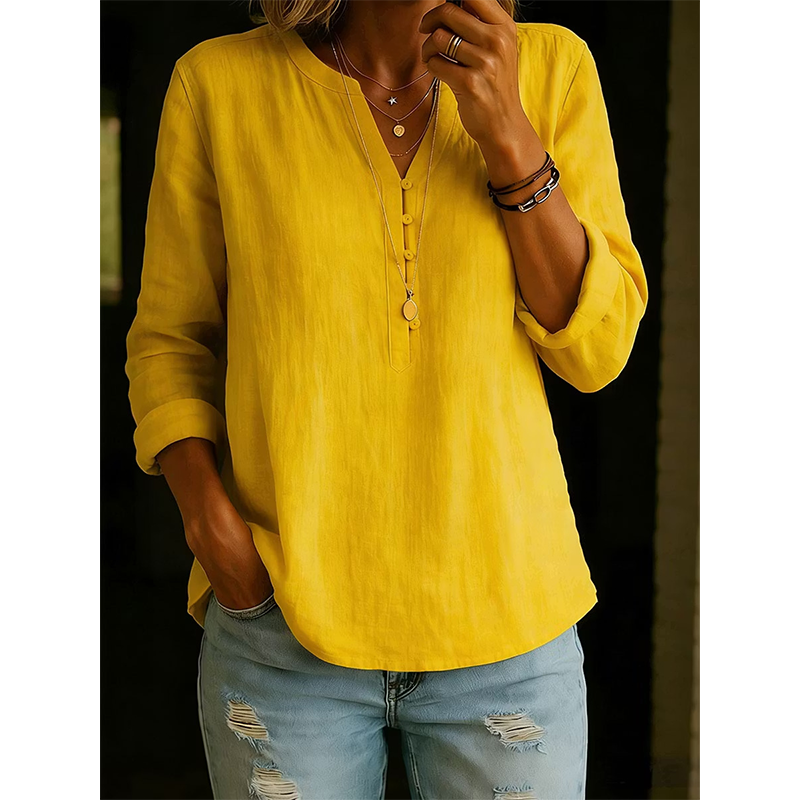 Chemise Femme Coton Col V Manches Retroussables Coupe Ample