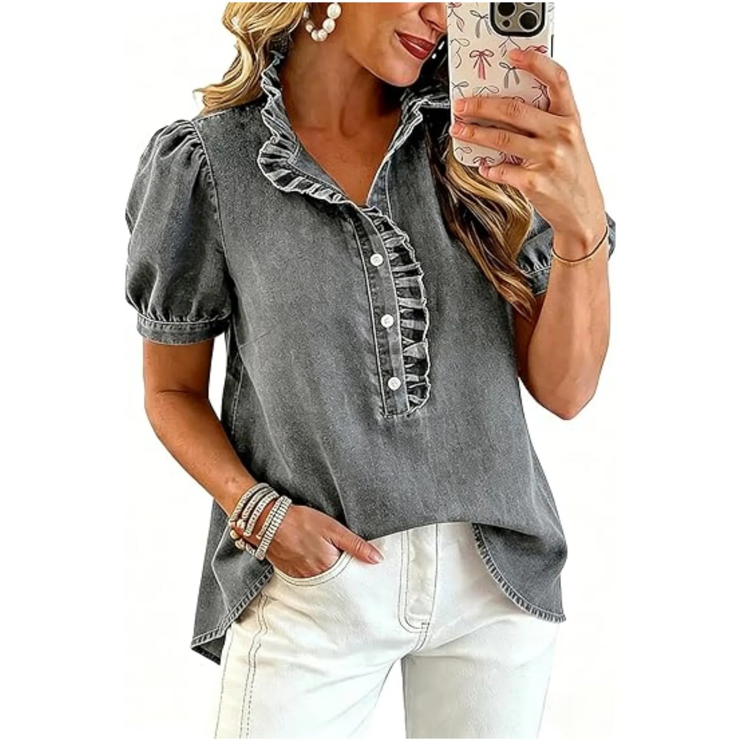 Haut Femme Denim Col Volanté Manches Bouffantes