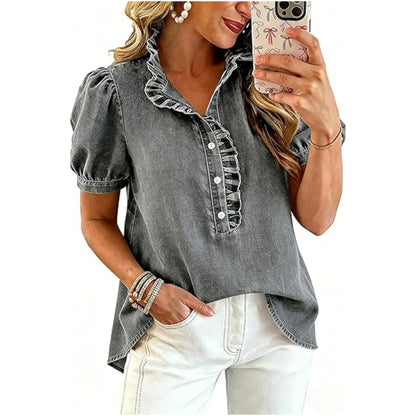 Haut Femme Denim Col Volanté Manches Bouffantes