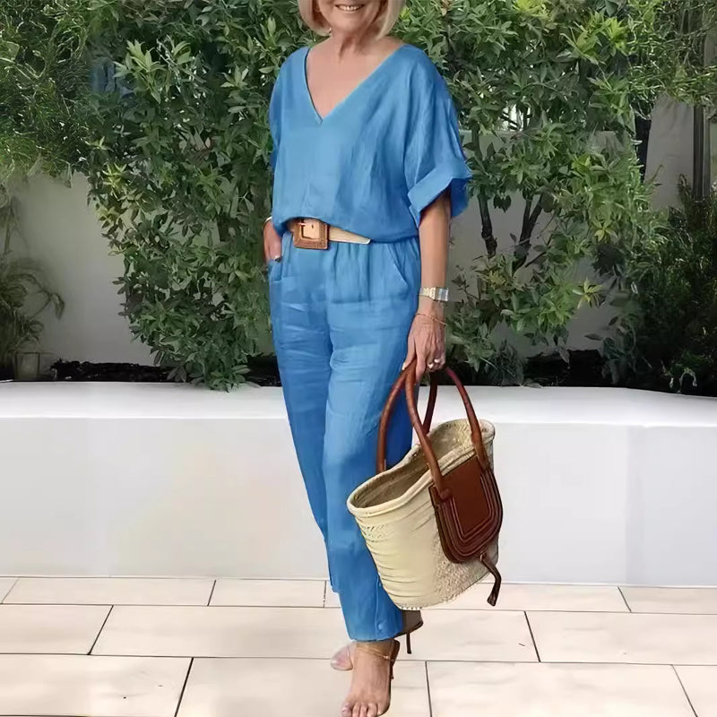 Ensemble Femme Col en V Pantalon Ample Coupe Décontractée