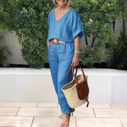 Ensemble Femme Col en V Pantalon Ample Coupe Décontractée