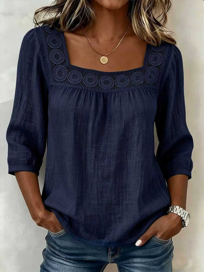 Blouse Femme Coton Lin Décolleté Carré Dentelle Raffinée