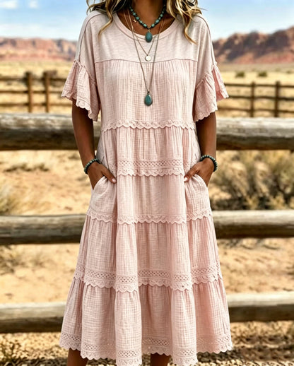 Robe midi Femme Coton Lin Volants Délicats