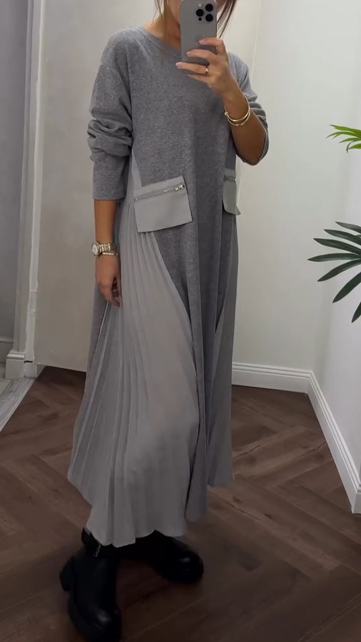 Robe Femme Tissu Confortable Plissée Col Rond Coupe Fluide Poches