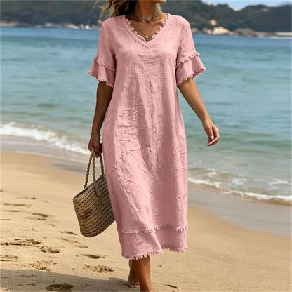 Robe Femme Fluidité Bohème Col en V avec Franges