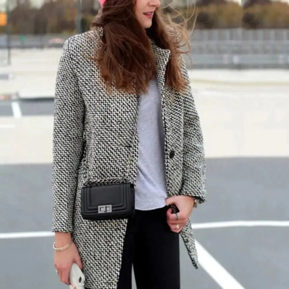 Manteau Femme Long Élégant Motif Pied de Coq - BerlinGlamour