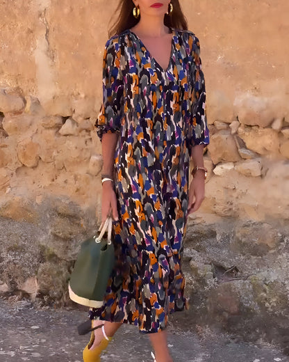 Robe longue Femme Fluide Imprimé Rétro Col en V Manches Élégantes