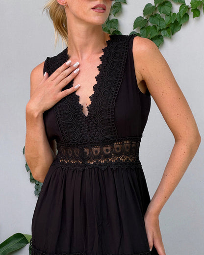 Robe midi Femme Dentelle Col en V Sans Manches Fluide