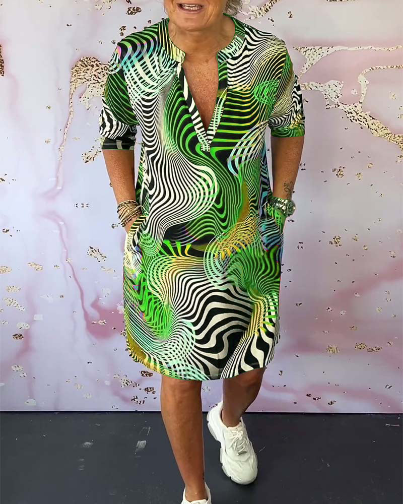 Robe Femme Col V Zippée Imprimé Abstrait Poches