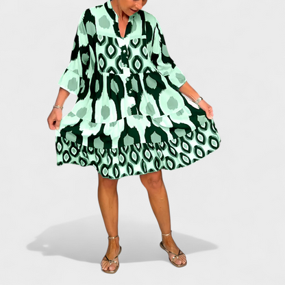 Robe Femme Ample Col V Boutonnée Manches Longues Imprimé Géométrique