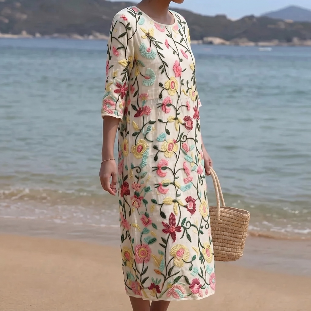 Robe midi Femme Broderie Florale Coupe Fluide