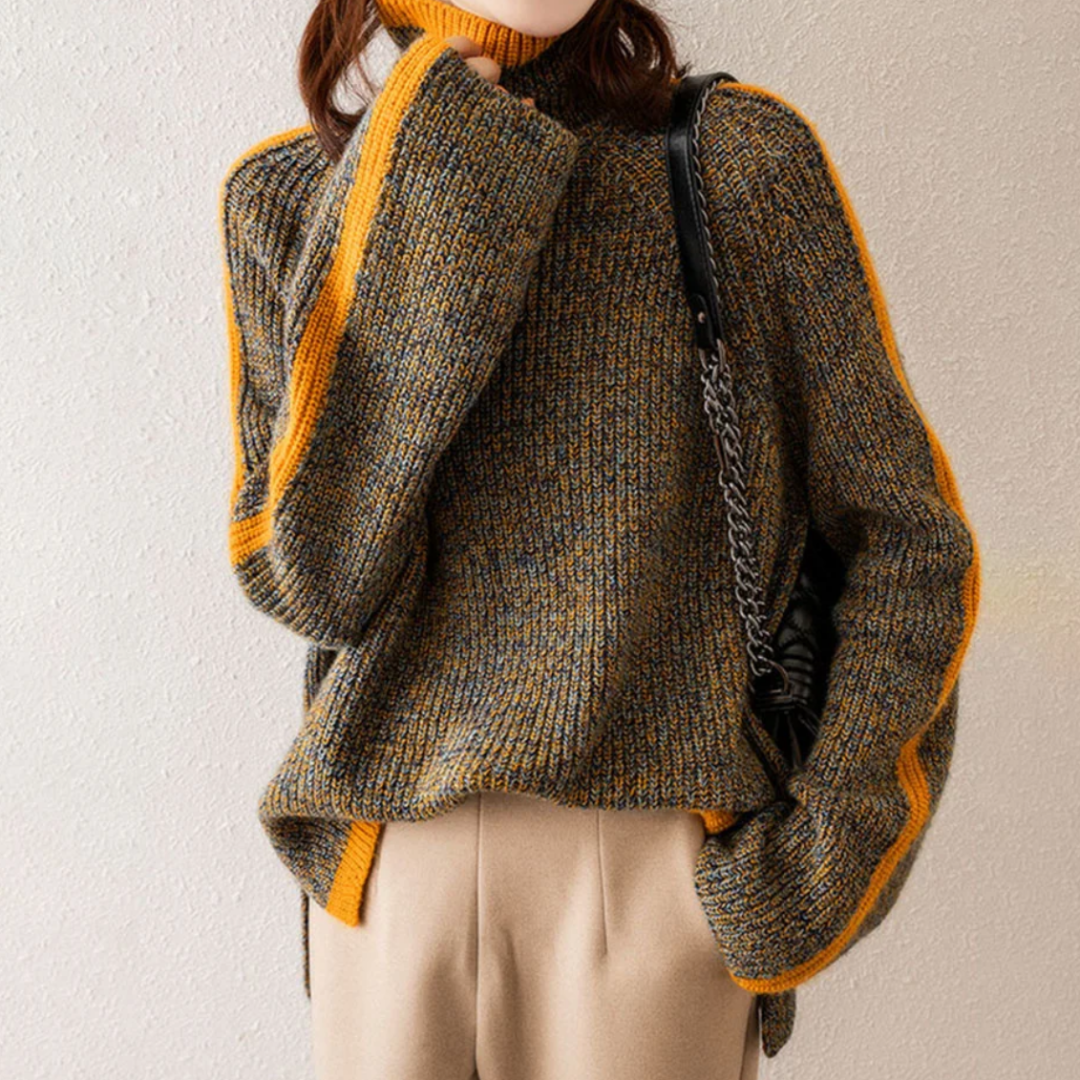 Pull Femme en Laine Douce à Rayures et Col Roulé