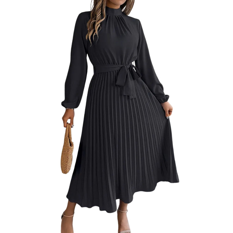 Robe Féminine Plissée à Manches Longues Taille Cintrée Élégante