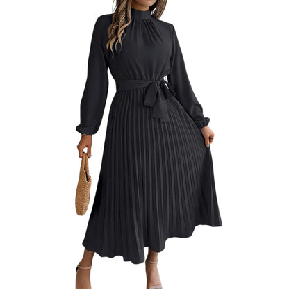 Robe Féminine Plissée à Manches Longues Taille Cintrée Élégante