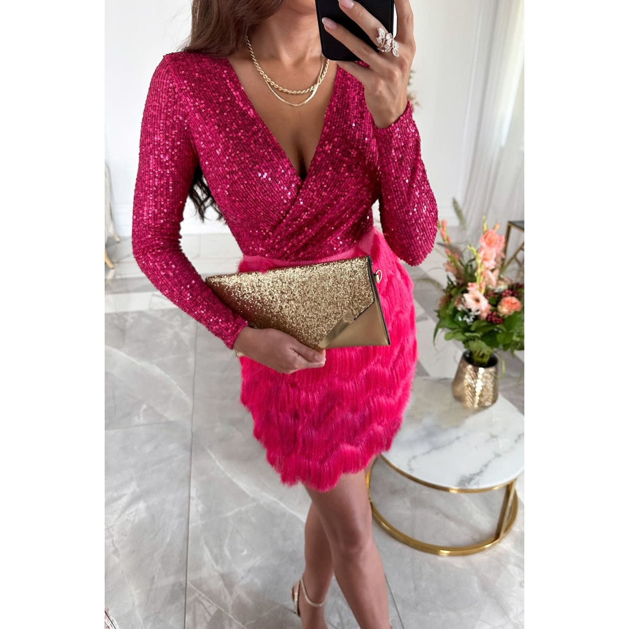 Robe de Soirée Courte et Glamour avec Frange Féminine