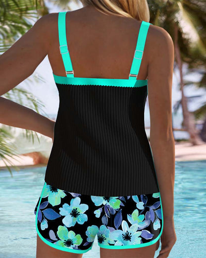 Tankini Deux Pièces Femme Côtelé Short Imprimé Coupe Ajustée