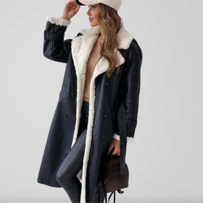Manteau Cuir Noir Doublé Fourrure Synthétique Élégant - PanierRoyale