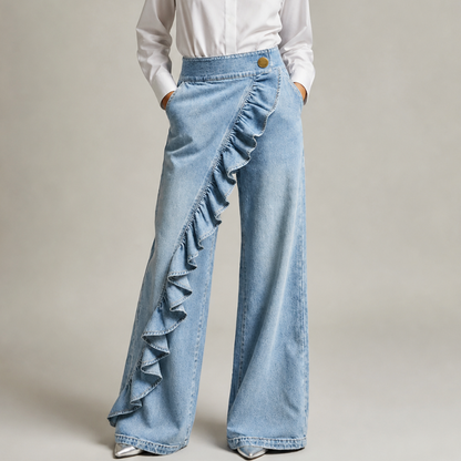 Pantalon Large Femme Denim Volants Asymétriques