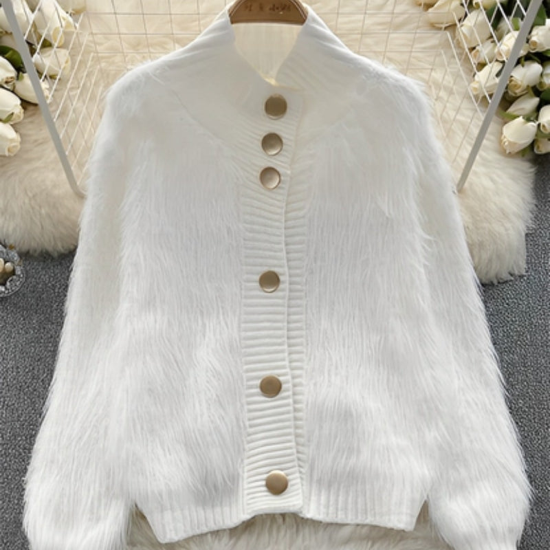 Cardigan en Maille Doux avec Col Rond et Boutons