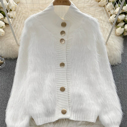 Cardigan en Maille Doux avec Col Rond et Boutons