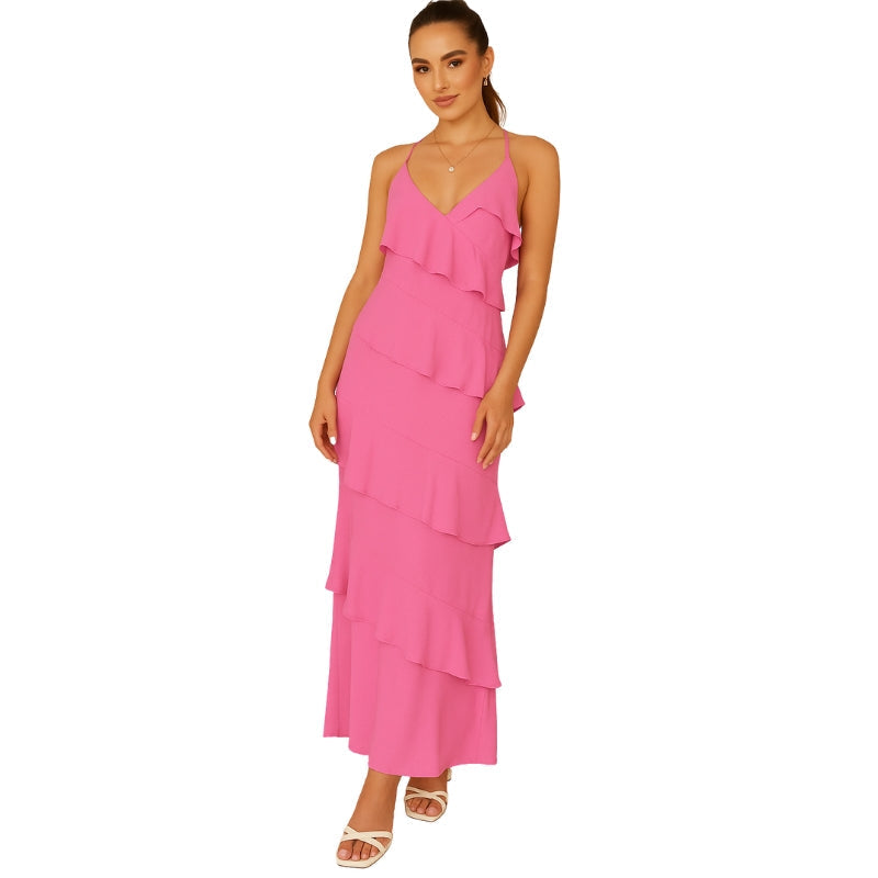 Robe Longue Élégante Col Rond avec Fermeture Arrière Réglable